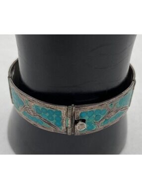 Vintage R.S.S. Mexico Turquoise Inlay Roadrunner Silver Hinged Bracelet